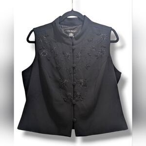 Lane Bryant Black Sleeveless Floral Beaded Embroidered Button-Front Vest- 14